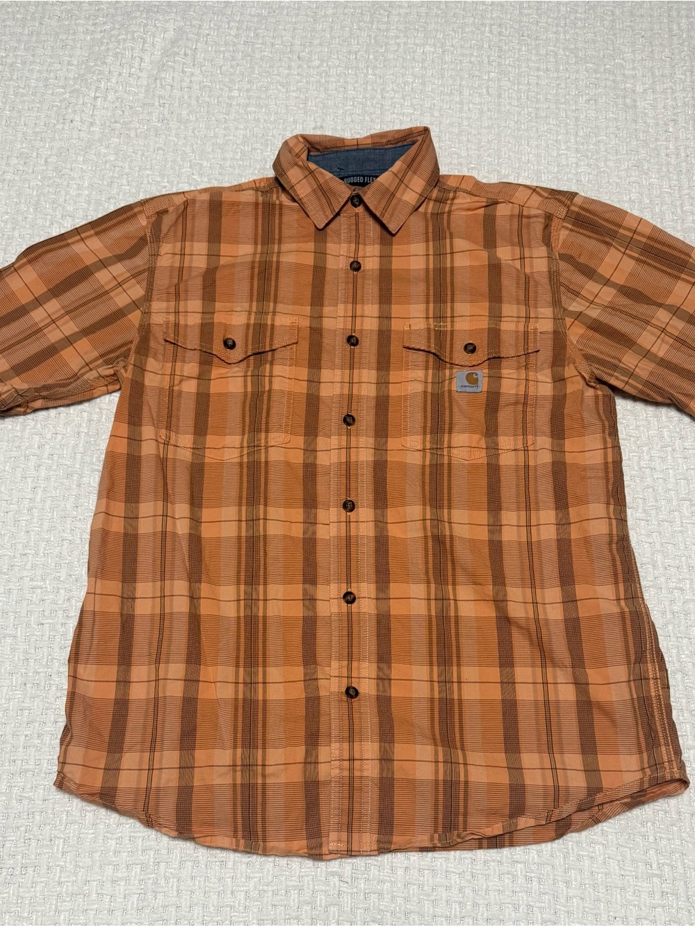 Carhartt Brown & Orange Rugged Flex Plaid Short Sleeve Button Up Shirt
Size: M